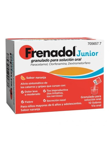Frenadol Junior Antigripal, Alivio Sintomático de Gripes y Catarros, Niños, Sabor Naranja, Vía Oral, 10 sobres
