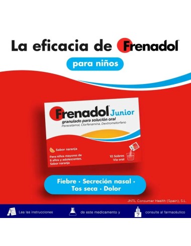 Frenadol Junior Antigripal, Alivio Sintomático de Gripes y Catarros, Niños, Sabor Naranja, Vía Oral, 10 sobres