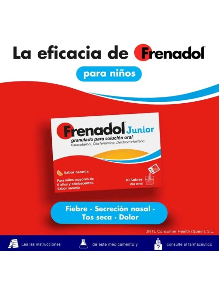 Frenadol Junior Antigripal, Alivio Sintomático de Gripes y Catarros, Niños, Sabor Naranja, Vía Oral, 10 sobres