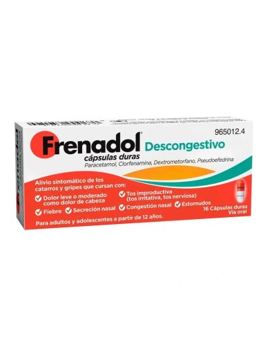 FRENADOL® Descongestivo Antigripal, Alivio Sintomático de Gripes y Catarros con Congestión Nasal, Vía Oral, 16 cápsulas