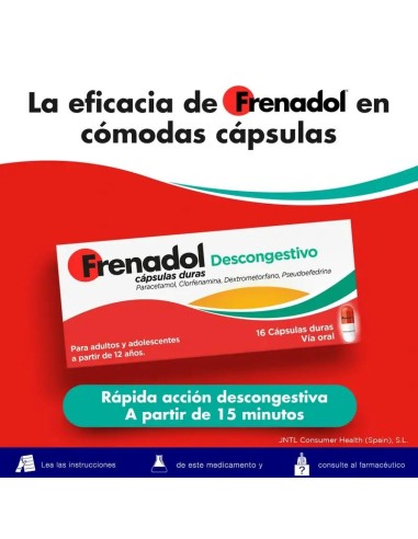 FRENADOL® Descongestivo Antigripal, Alivio Sintomático de Gripes y Catarros con Congestión Nasal, Vía Oral, 16 cápsulas