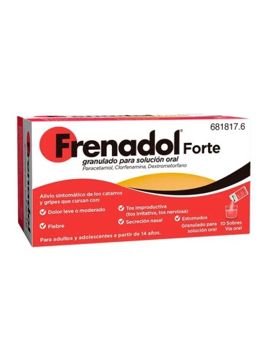 FRENADOL® Forte Antigripal, Alivio Sintomático de Gripes y Catarros, Adultos y Adolescentes, Vía Oral, 10 sobres